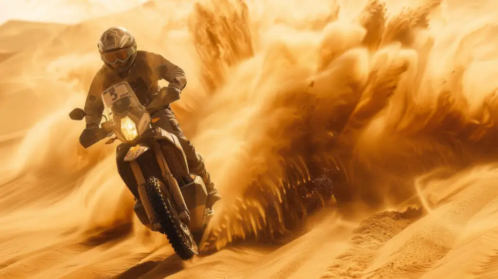 Motard sur une moto de rallye lors de l'historique Paris-Dakar en Afrique, illustrant le mythe de cette course.