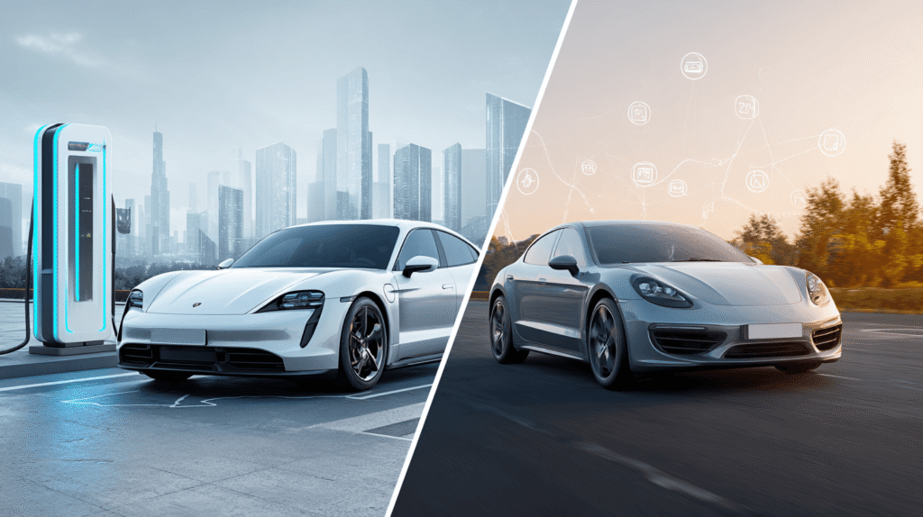 Comparaison voiture électrique et hybride 2025 - Deux véhicules côte à côte montrant les différences entre motorisation électrique et hybride
