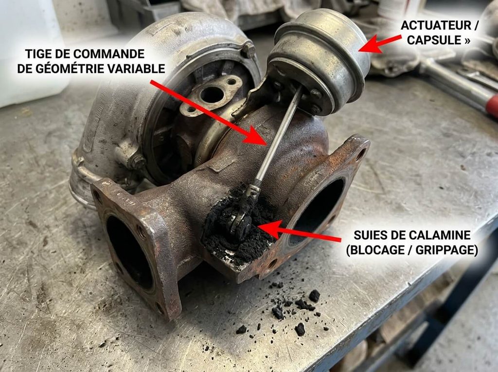 Suies de calamine bloquant la tige de commande de géométrie variable d'un turbocompresseur.