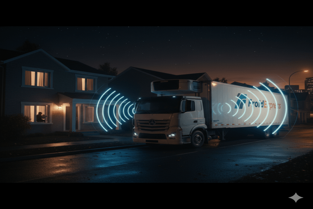 Camion frigorifique garé la nuit dans une rue résidentielle, avec des ondes sonores symbolisant la nuisance.