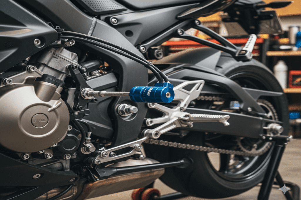 Shifter moto (Quickshifter) : comment ça marche et est-ce utile ? 2 Gros plan sur un shifter (capteur) sur la tige de sélecteur de vitesses d'une moto sportive.