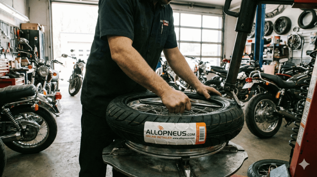 Mécanicien moto montant un pneu neuf acheté sur internet sur une jante arrière.