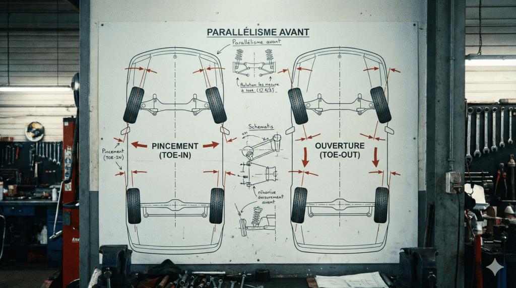 Schéma montrant une voiture avec les roues avant convergentes (pincement) et divergentes (ouverture).