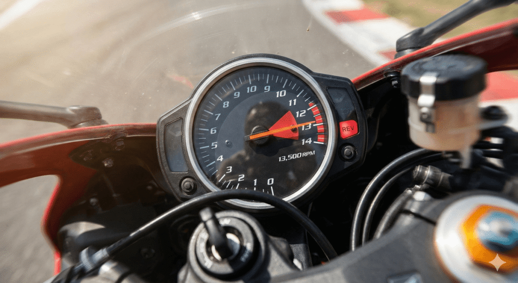 Compte-tours de moto avec l'aiguille dans la zone rouge, atteignant le rupteur.