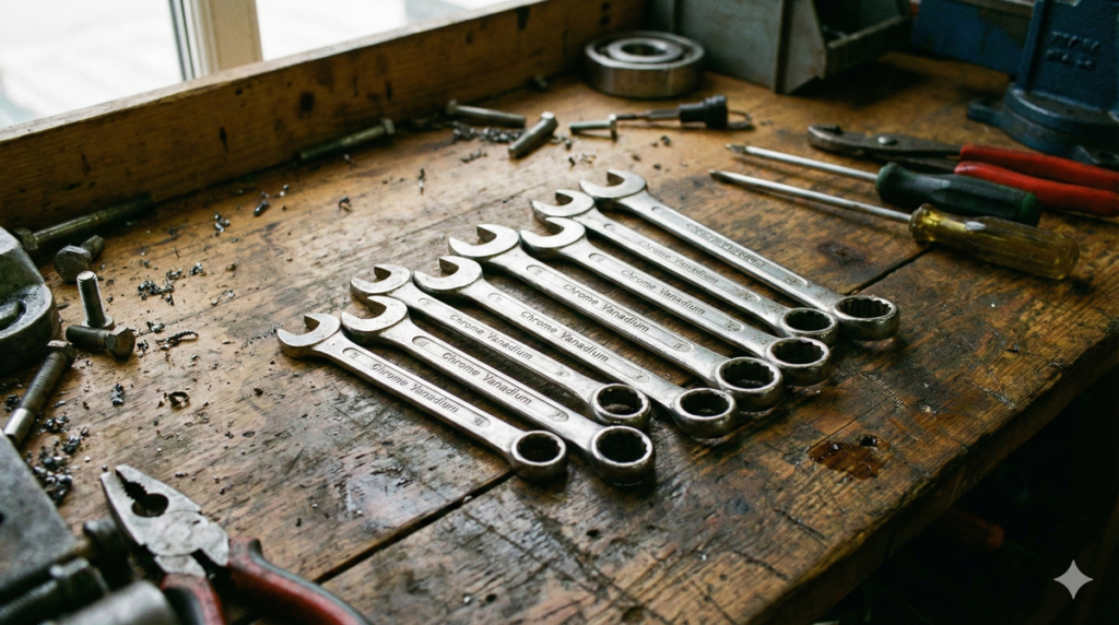 Acier Chrome Vanadium (Cr-V) : gage de qualité ou marketing pour vos outils ? 2 Clés mixtes gravées "Chrome Vanadium" posées sur un établi de mécanicien.