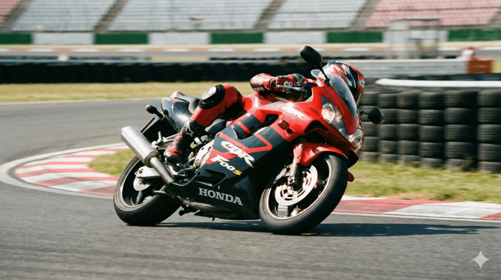 Honda CBR 600 FS rouge et noire en action sur circuit.