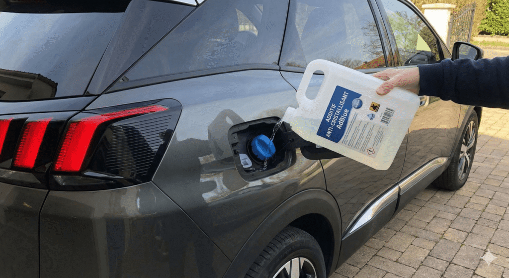 Bidon d'additif anti-cristallisant versé dans le réservoir d'AdBlue d'une Peugeot 3008.