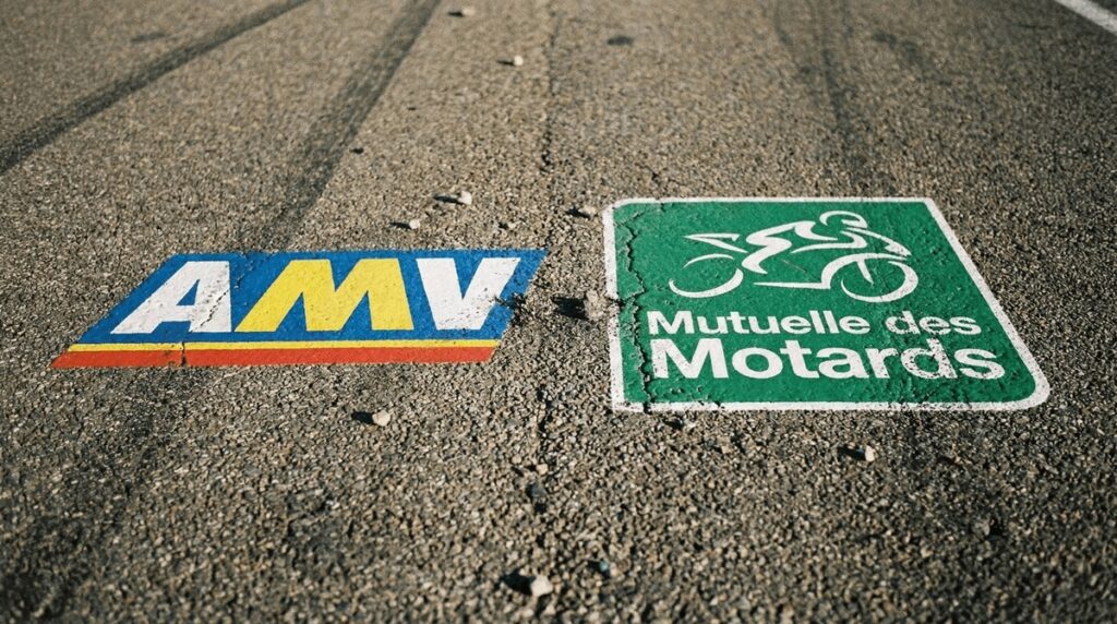 AMV ou Mutuelle des Motards : le duel des assurances deux-roues 2 Logos AMV et Mutuelle des Motards face à face sur fond de bitume.