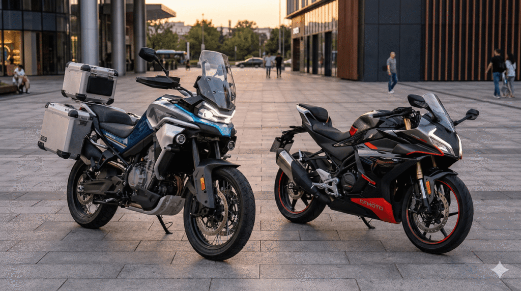 Moto CF MOTO 800MT et 450SR stationnées, montrant la qualité de finition moderne.