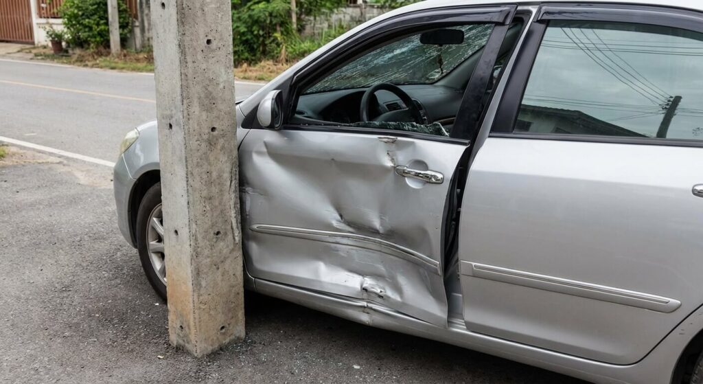 Portière conducteur de voiture enfoncée suite à un choc contre un poteau.