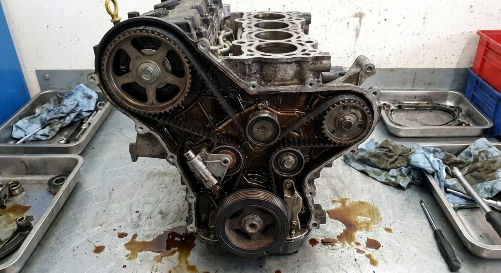 Moteur Ford 1.0 Ecoboost 3 cylindres démonté montrant la courroie de distribution humide.