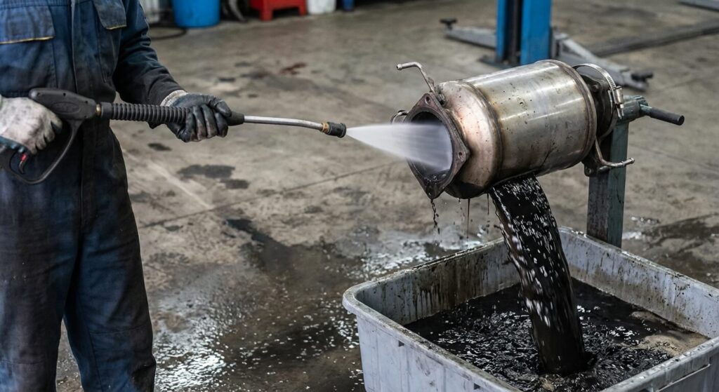 Filtre à particules démonté en cours de nettoyage haute pression, avec de l'eau noire qui s'écoule.