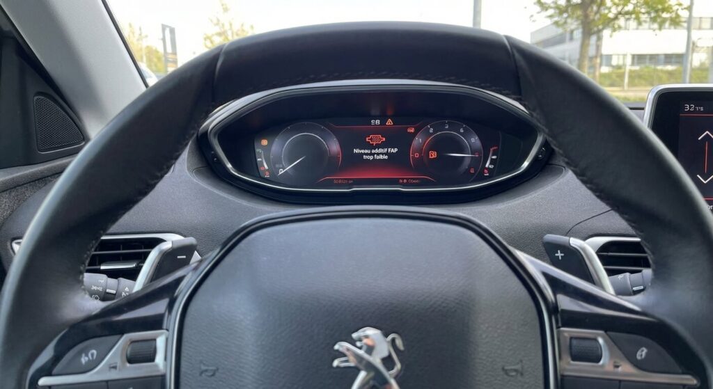 Tableau de bord Peugeot affichant le message d'erreur "Niveau additif FAP trop faible".