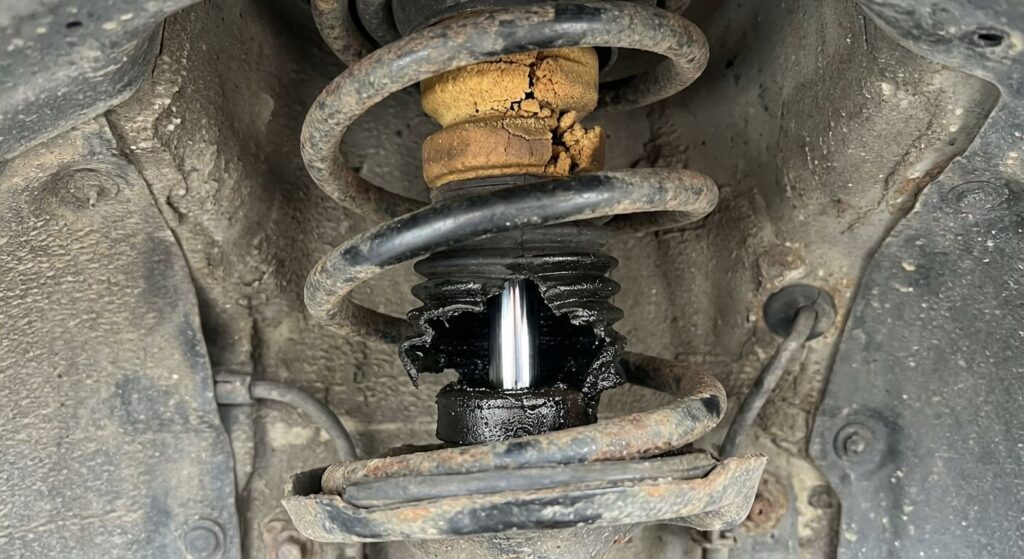 Amortisseur de voiture avec le soufflet de protection déchiré et la butée en mousse désagrégée.