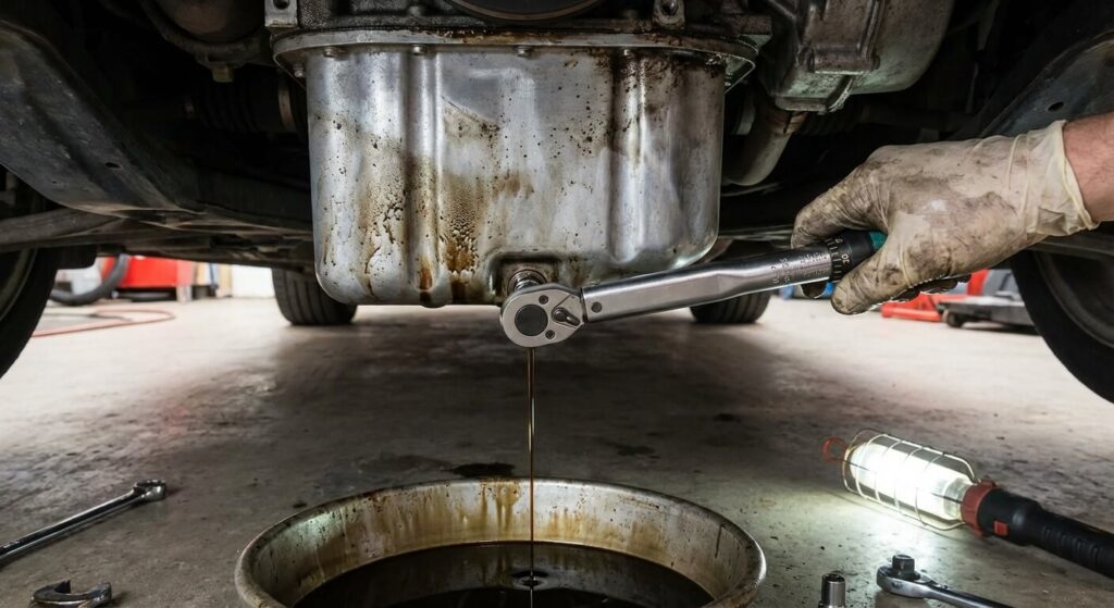 Quel est le couple de serrage d'un bouchon de vidange ? Guide et valeurs 4 Serrage d'un bouchon de vidange avec une clé dynamométrique sous un carter moteur.