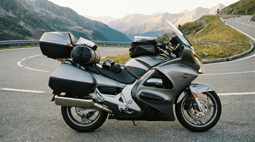 Honda ST1300 Pan European grise équipée de top case, prête pour le voyage.