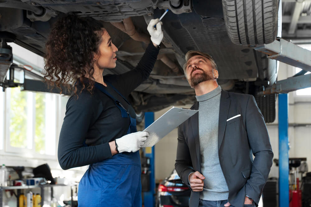 Expert automobile examinant un véhicule accidenté sur un pont élévateur pour déterminer s'il faut lever la procédure VE (Véhicule Endommagé).