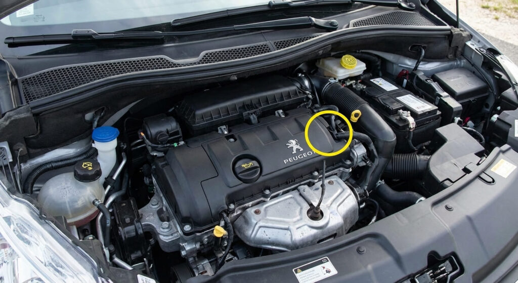 Moteur 3 cylindres 1.2 PureTech 82 ch d'une Peugeot 208, capot ouvert, montrant l'emplacement du bouchon de remplissage d'huile.