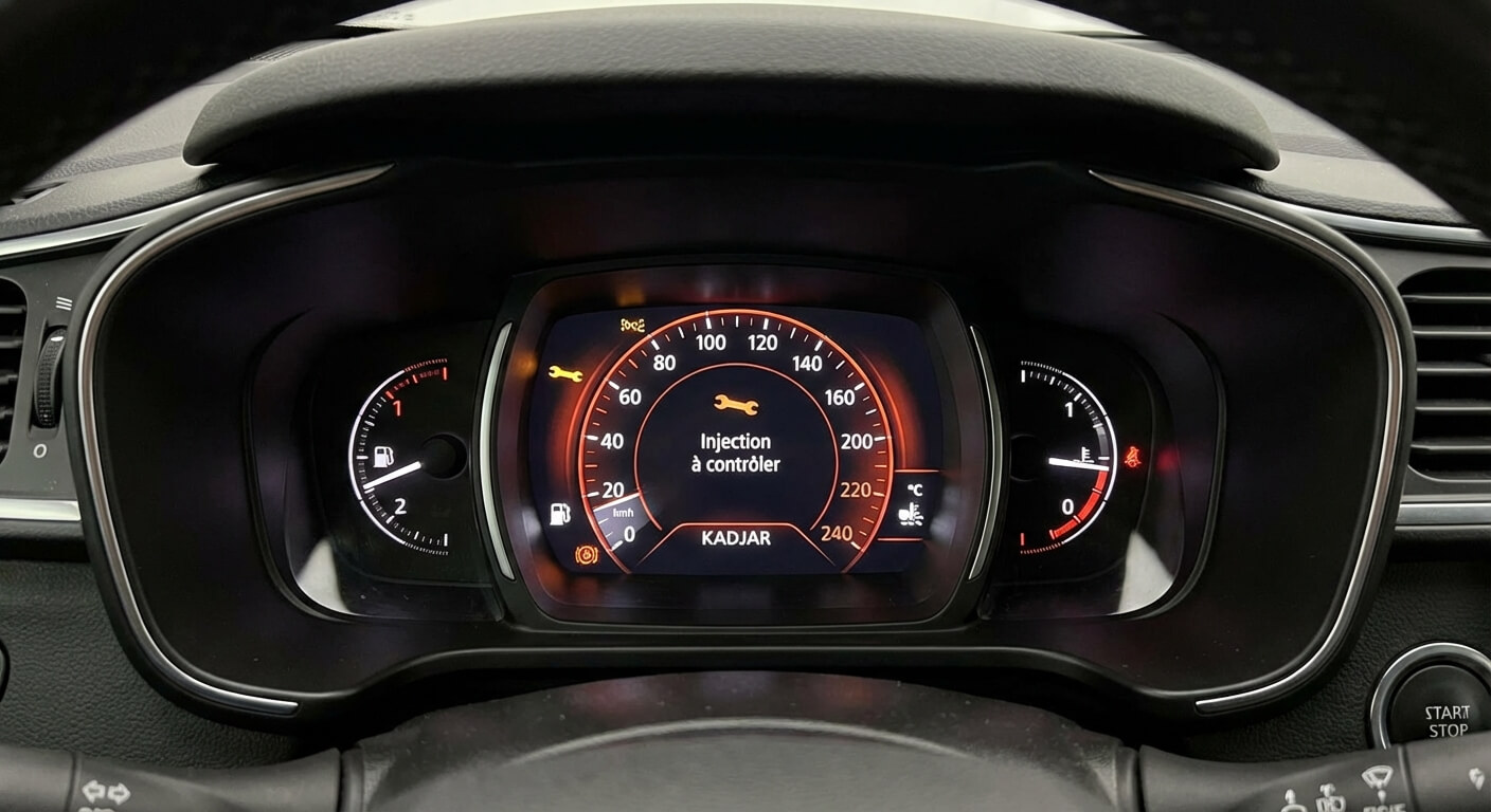 Tableau de bord de Renault Kadjar affichant le message d'erreur "Injection à contrôler" avec le voyant clé à molette orange.