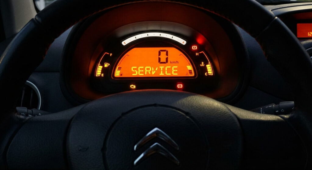 Compteur de vitesse d'une Citroën C3 avec le voyant orange SERVICE allumé en évidence.