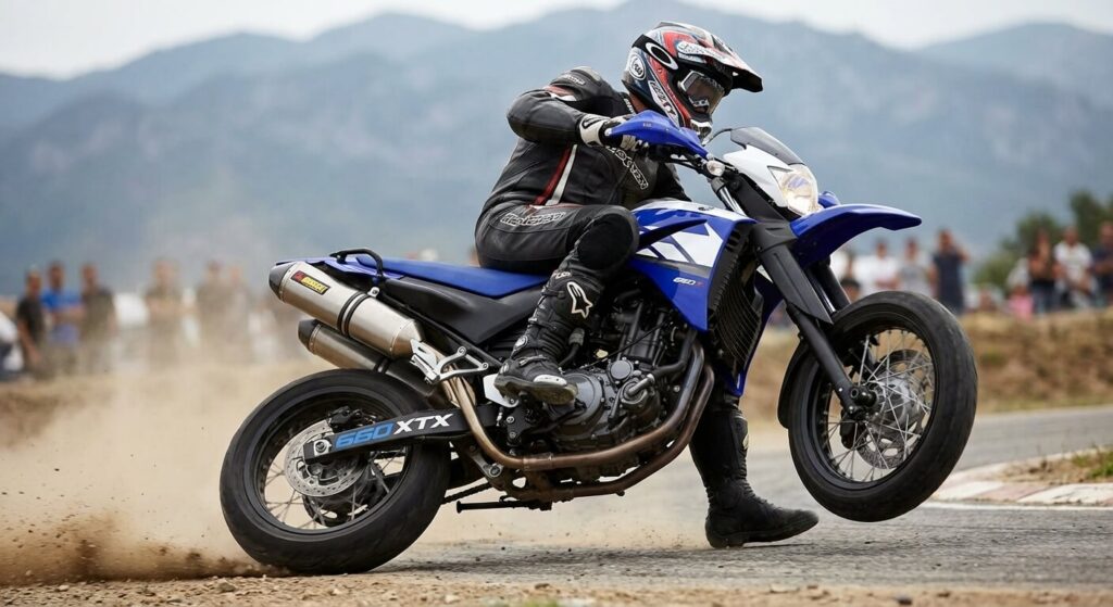 Yamaha 660 XTX en action dans un virage, illustrant son caractère joueur de supermotard monocylindre.