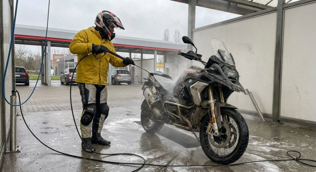 Motard nettoyant sa moto en station de lavage haute pression, respectant une distance de sécurité avec la lance.