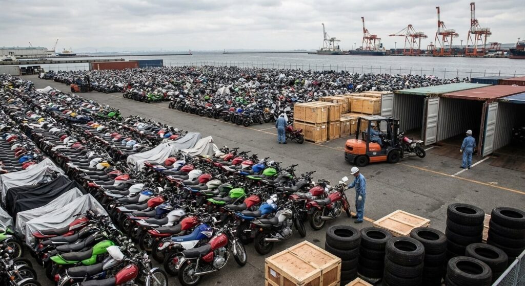 Parc de motos d'occasion au Japon prêtes à l'export, alignées avant la mise en container.