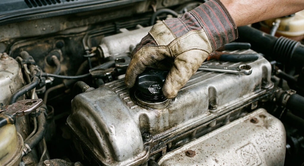 Main gantée tentant de dévisser un bouchon de remplissage d'huile moteur bloqué sur le cache-culbuteur.