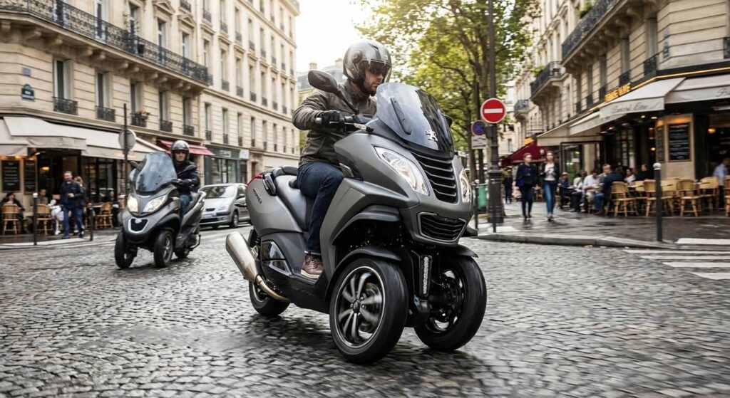 Scooter 3 roues Peugeot Metropolis 400 en circulation urbaine, concurrent direct du Piaggio MP3.