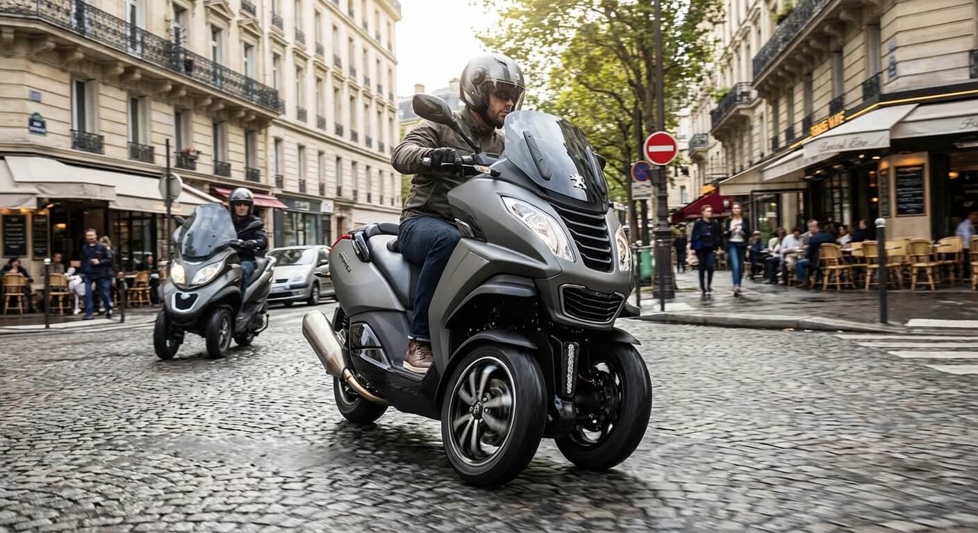 Scooter 3 roues Peugeot Metropolis 400 en circulation urbaine, concurrent direct du Piaggio MP3.
