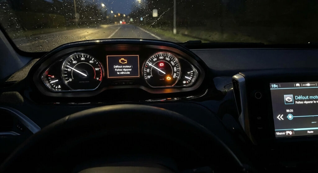 Tableau de bord de Peugeot 2008 affichant le voyant moteur orange et le témoin de clé de maintenance.