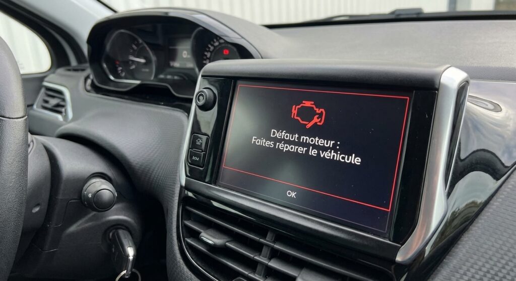 Écran tactile d'une Peugeot 208 affichant le message d'alerte "Défaut moteur : Faites réparer le véhicule".