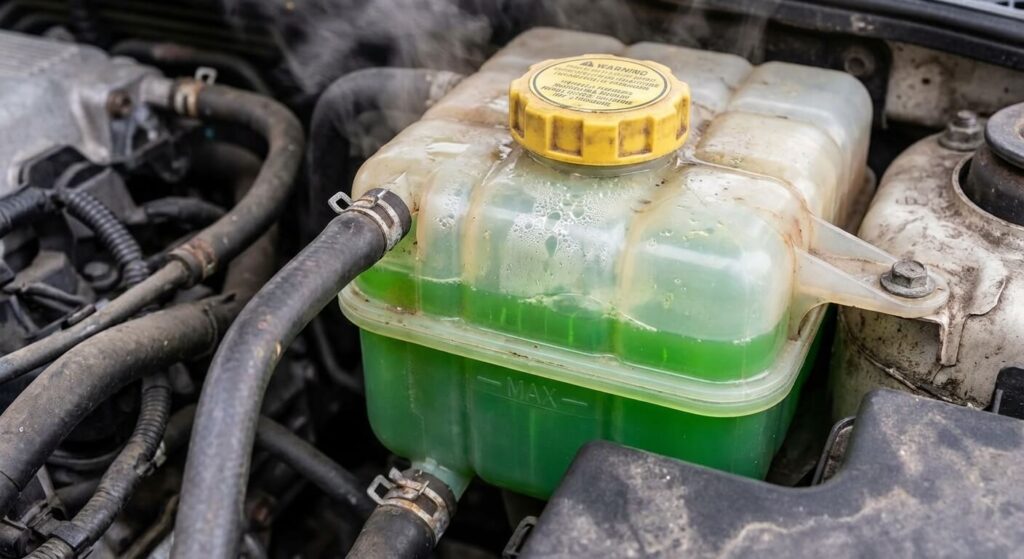 Vase d'expansion de voiture montrant un niveau de liquide de refroidissement anormalement haut à chaud sous pression.