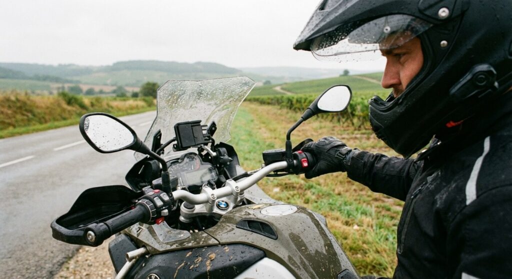 Motard actionnant le bouton rouge du coupe-circuit au guidon, cause fréquente de fausse panne.