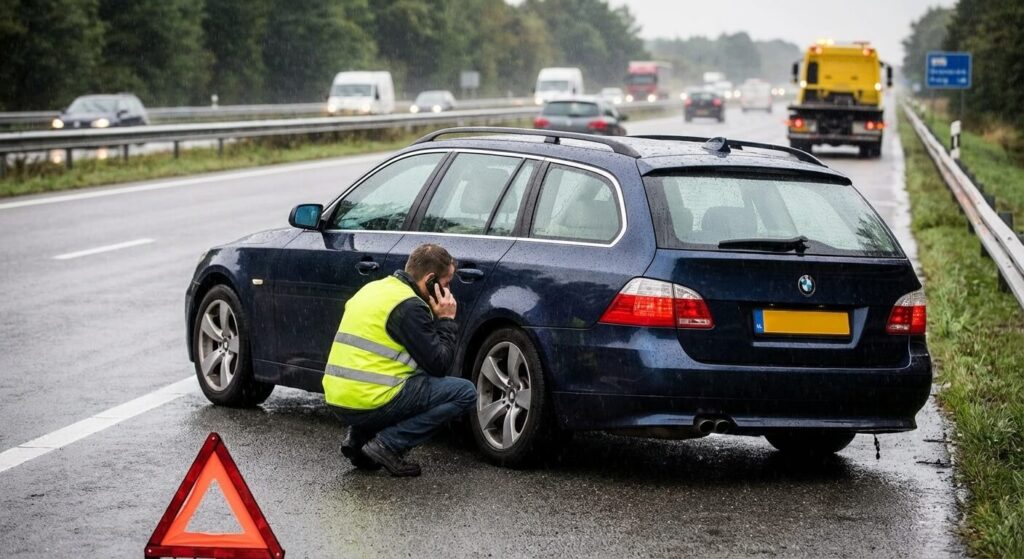 BMW Série 5 Touring avec l'arrière affaissé à cause d'une panne du correcteur d'assiette pneumatique.