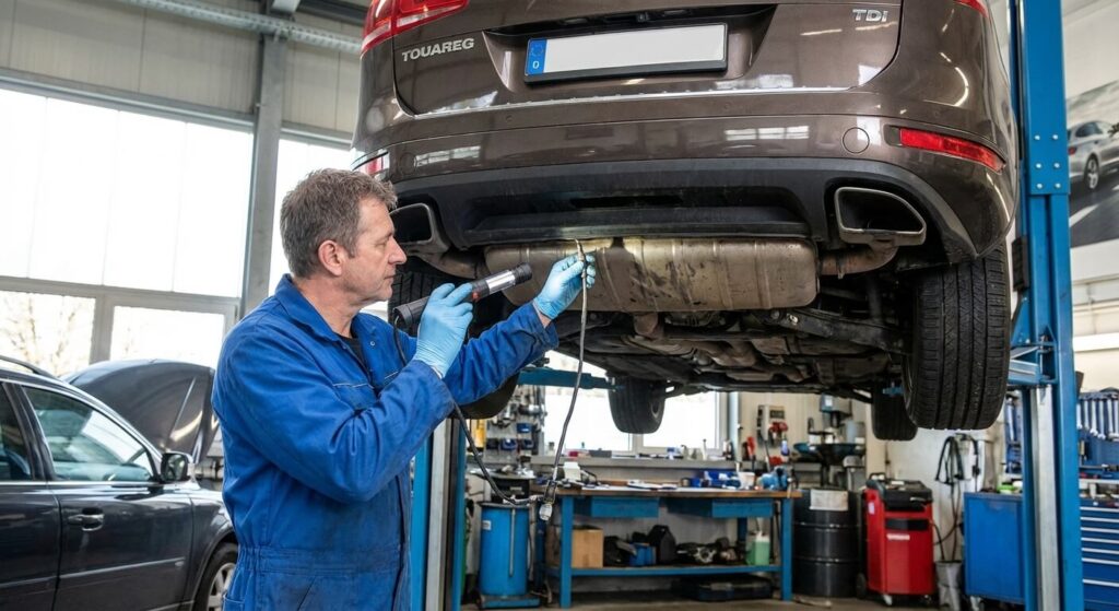 Mécanicien inspectant un capteur NOx sur la ligne d'échappement d'un véhicule diesel moderne.