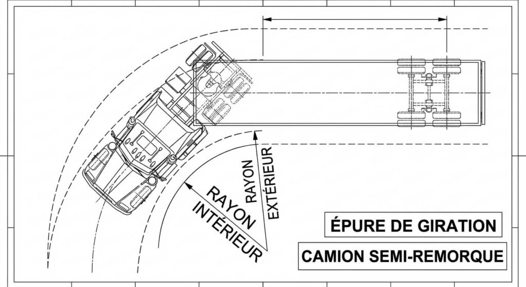 Schéma technique montrant l'épure de giration d'un camion semi-remorque, avec le rayon intérieur et extérieur dans un virage.