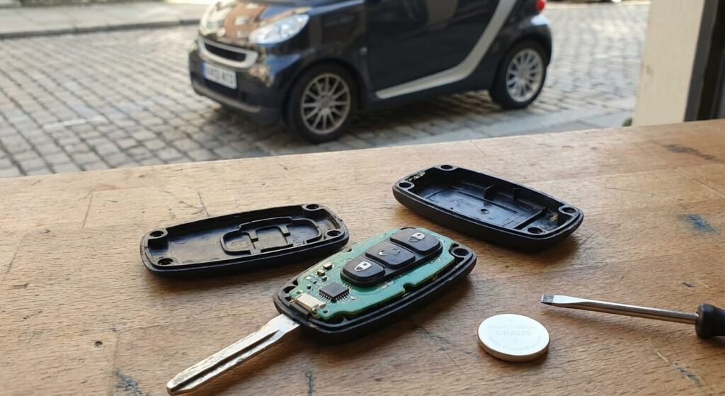 Clé à trois boutons de Smart Fortwo ouverte pour changement de pile, avec le véhicule en arrière-plan.
