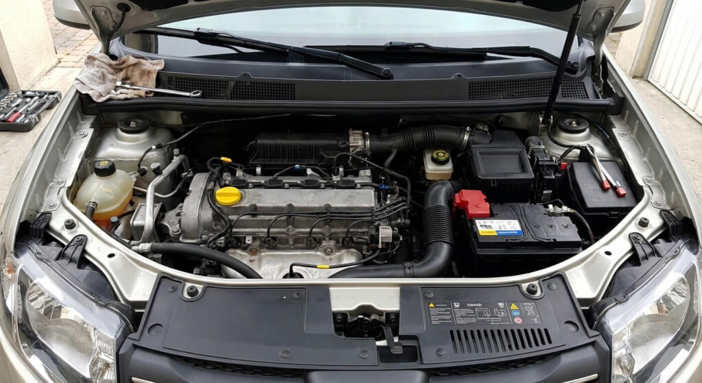 Compartiment moteur d'une Dacia Sandero Stepway essence, réputée pour sa longévité et sa simplicité d'entretien.