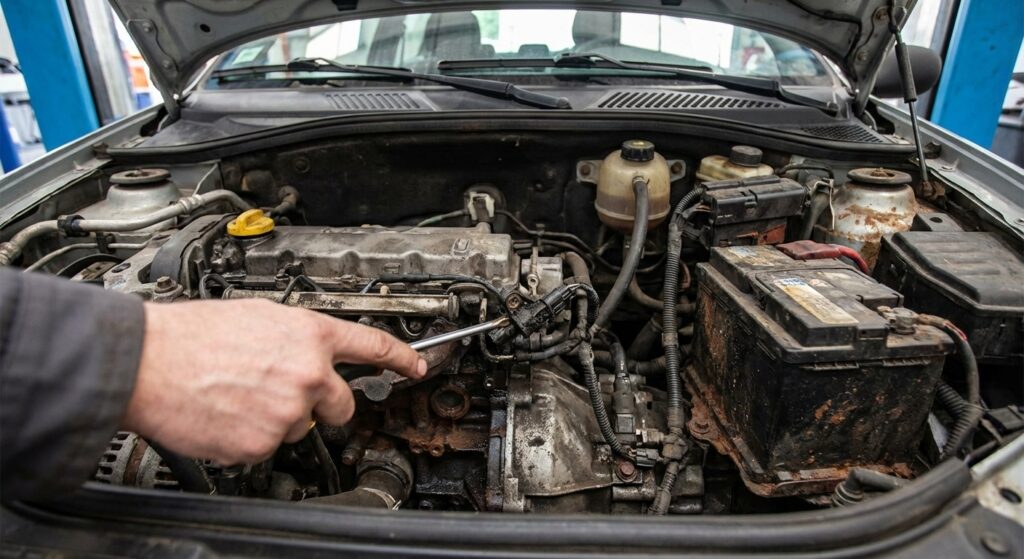 Compartiment moteur d'une Renault Clio 2, avec un focus sur l'emplacement du capteur PMH souvent responsable des pannes de démarrage soudaines.