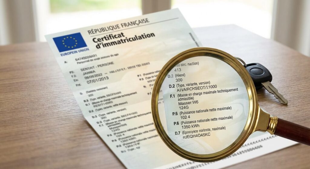 Certificat d'immatriculation français (carte grise) avec loupe sur les codes techniques