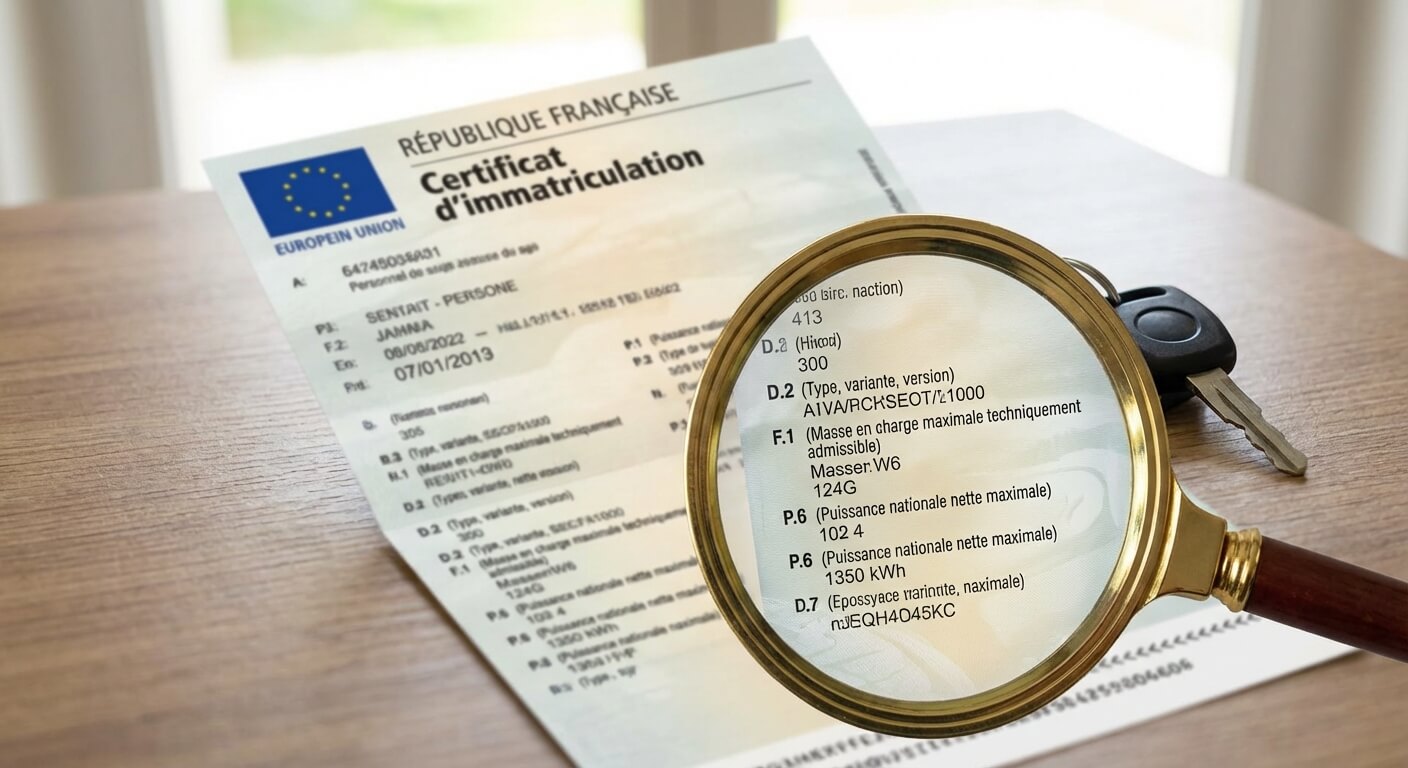 Certificat d'immatriculation français (carte grise) avec loupe sur les codes techniques