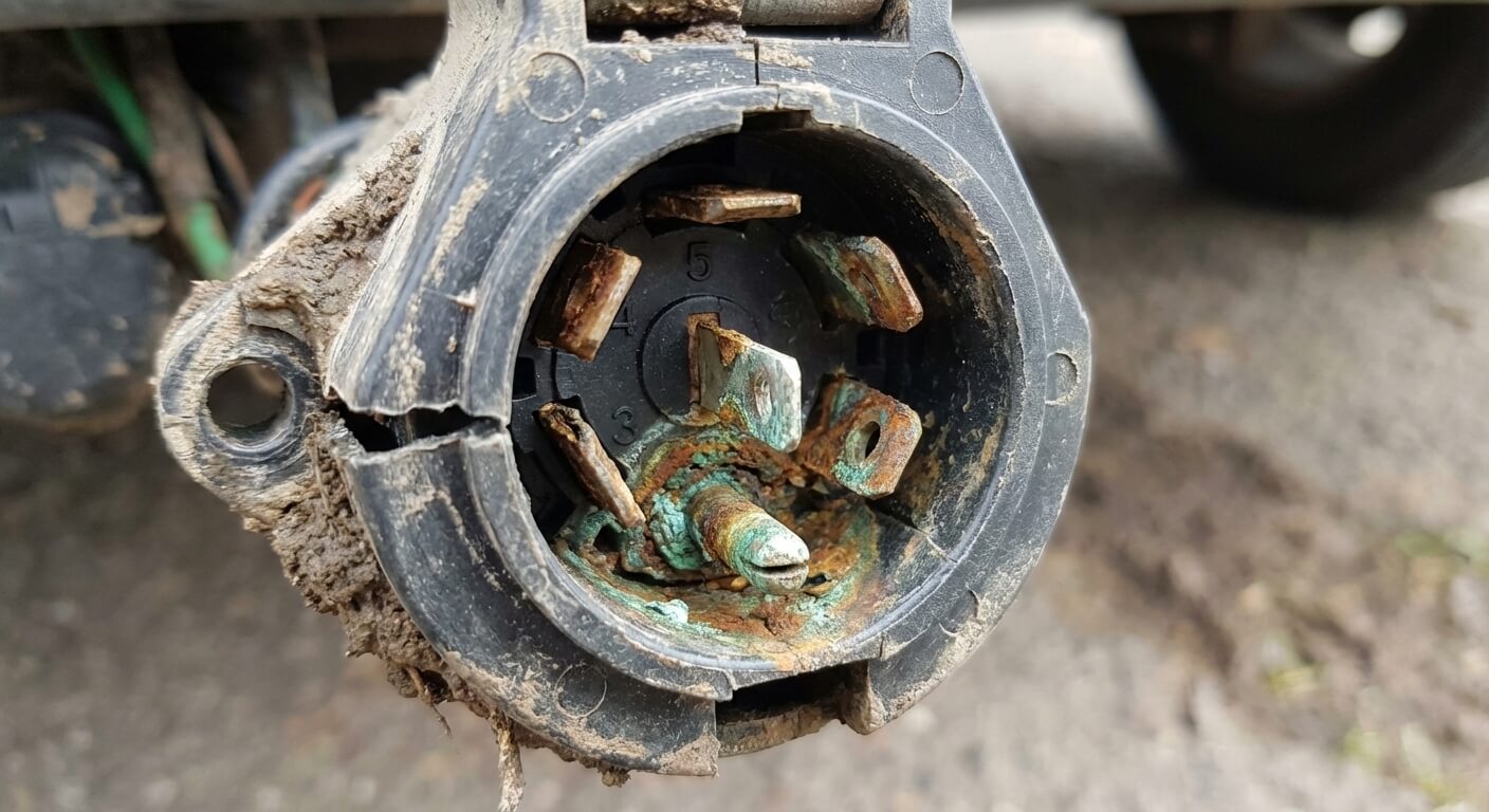 Prise de remorque 7 broches ouverte montrant des contacts oxydés responsables du retour de masse