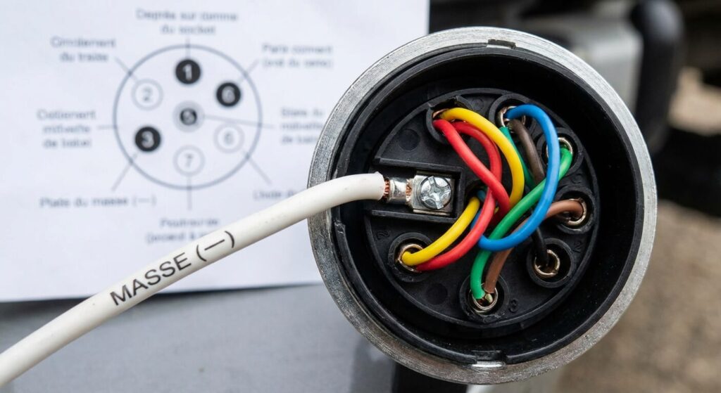 fil de masse (le fil "moins"). Sur une prise 7 broches, c'est la broche n°3 (fil blanc) d'une remorque de voiture