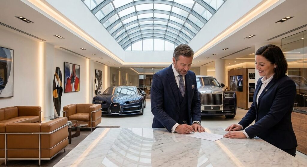 Showroom de voitures de prestige avec un client signant un contrat de vente