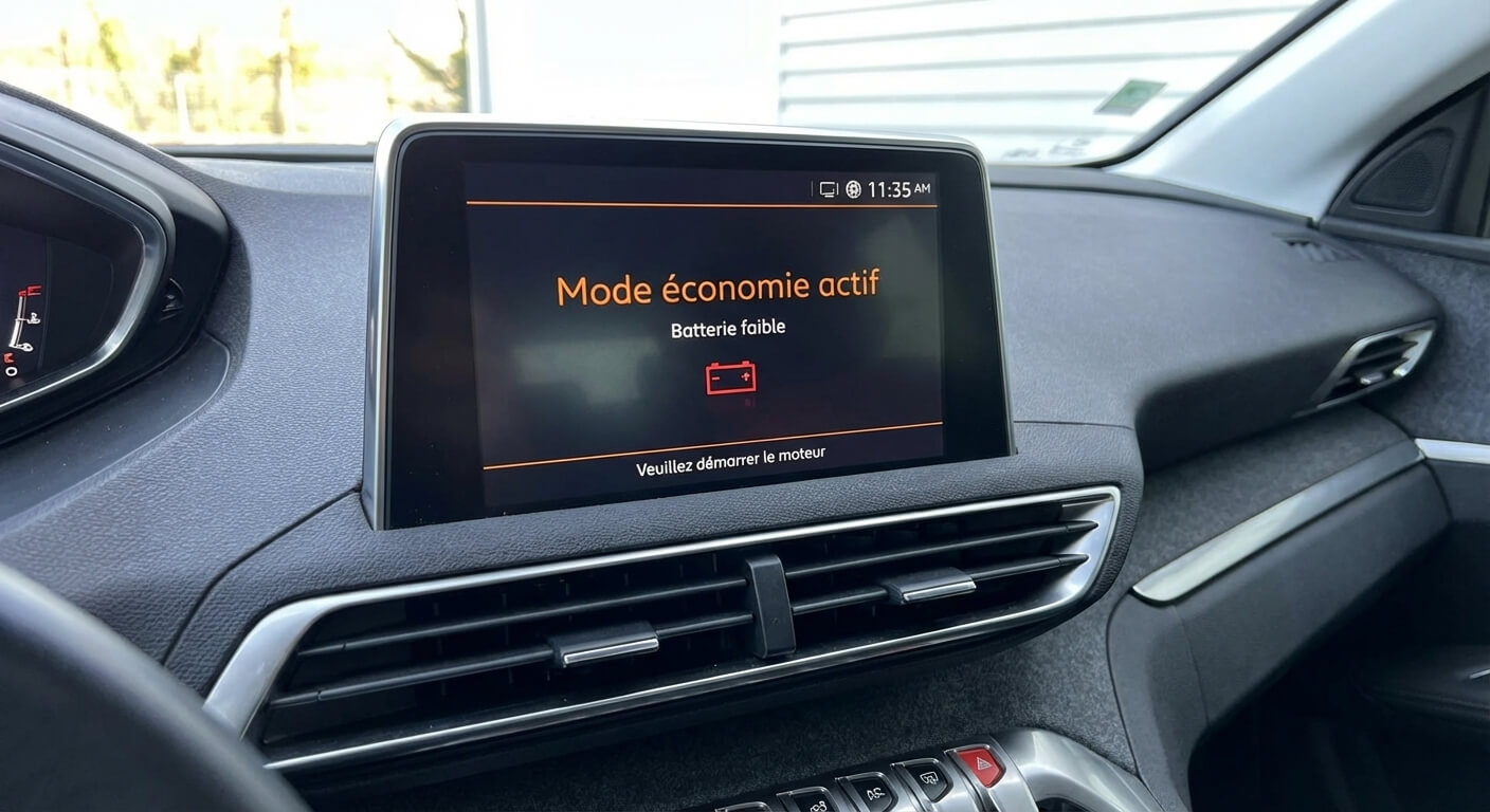 Écran central d'une Peugeot affichant le message Mode économie actif et batterie faible