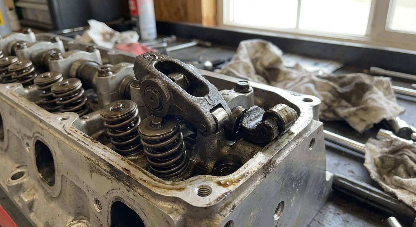 Linguet de distribution (culbuteur à rouleau) cassé posé sur une culasse ouverte