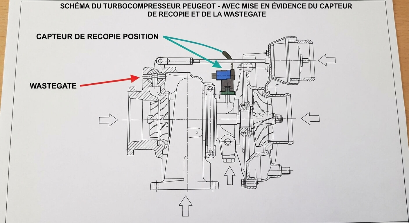 Schéma du turbocompresseur Peugeot avec mise en évidence du capteur de recopie et de la wastegate