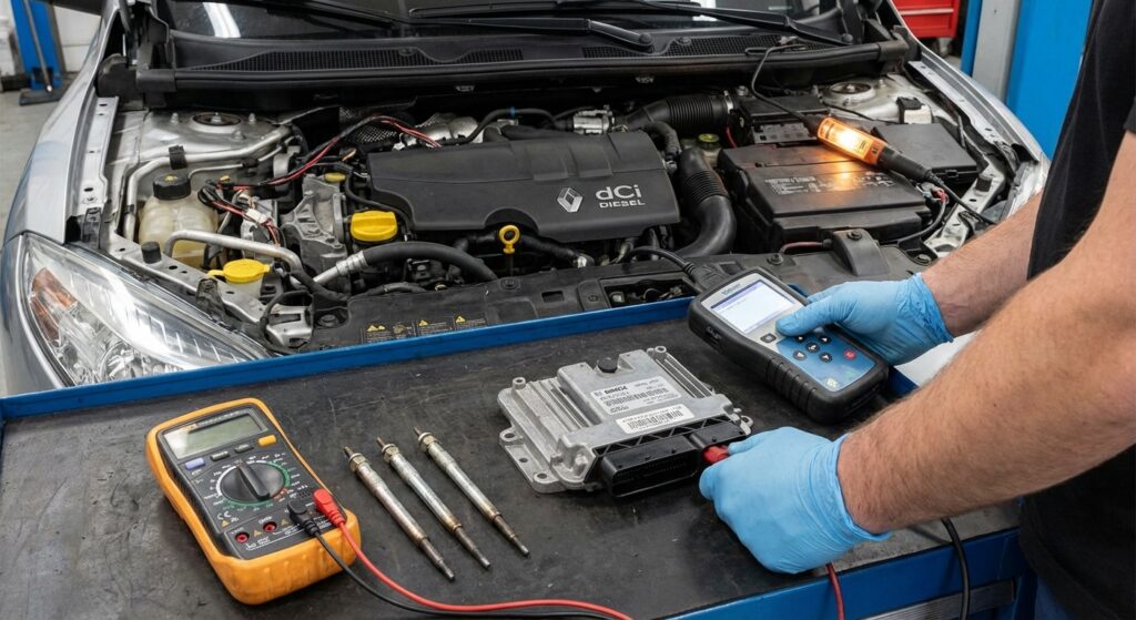 Code défaut DF025 sur Renault : Panne du système de préchauffage 2 Test des bougies de préchauffage et du boîtier de commande sur un moteur Renault dCi