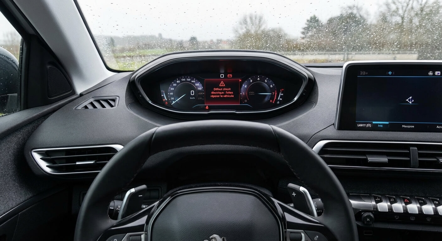 Tableau de bord Peugeot 3008 affichant le message rouge "Défaut circuit électrique : faites réparer le véhicule"